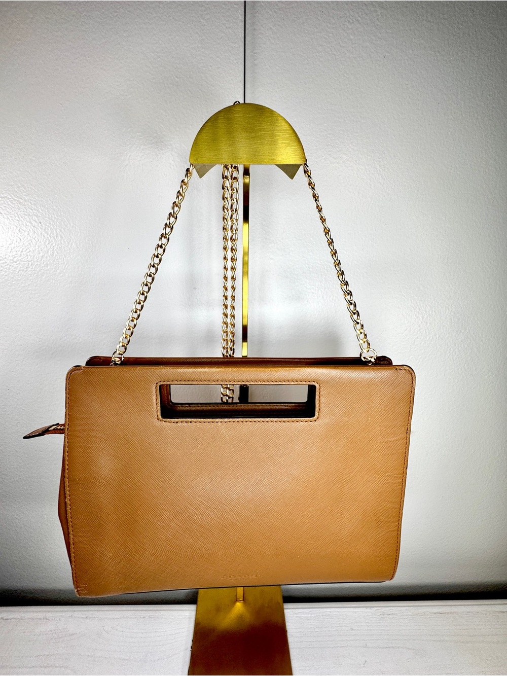 Coach Tan Saffiano Leather Cutout Handle Clutch Crossbody Bag